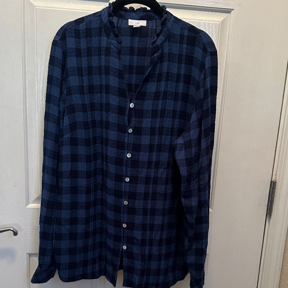 J. Jill Navy & Blue Checkered Button Down Shirt Size Medium Tall